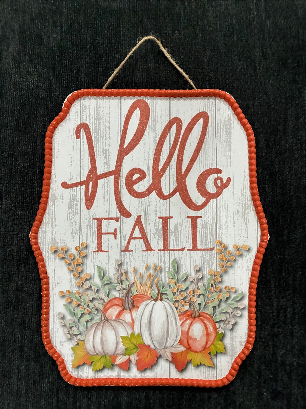 NWT- Hello Fall Wooden Pumpkin Wall Sign w/ Wooden Bead Trim